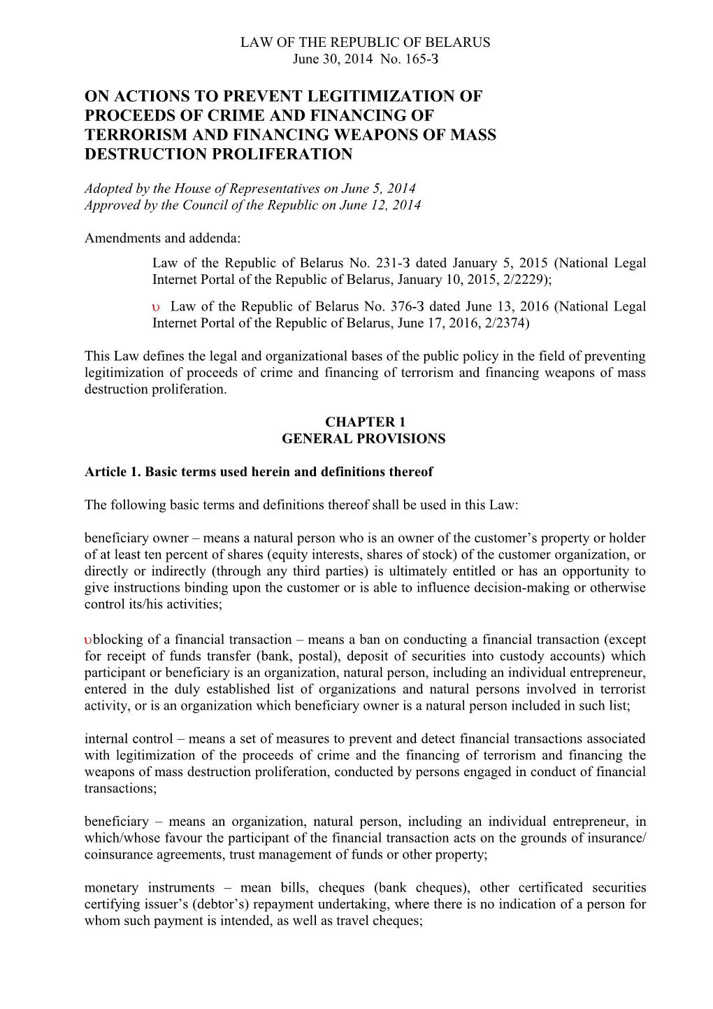 Law of the Republic of Belarus As of June 30, 2014 No. 165-Z on Actions to Prevent