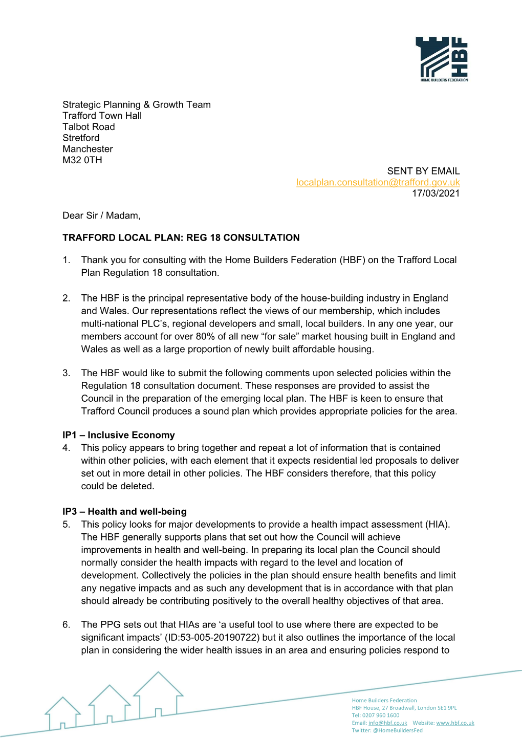 Strategic Planning & Growth Team Trafford Town Hall Talbot Road Stretford Manchester M32 0TH SENT by EMAIL Localplan.Consult