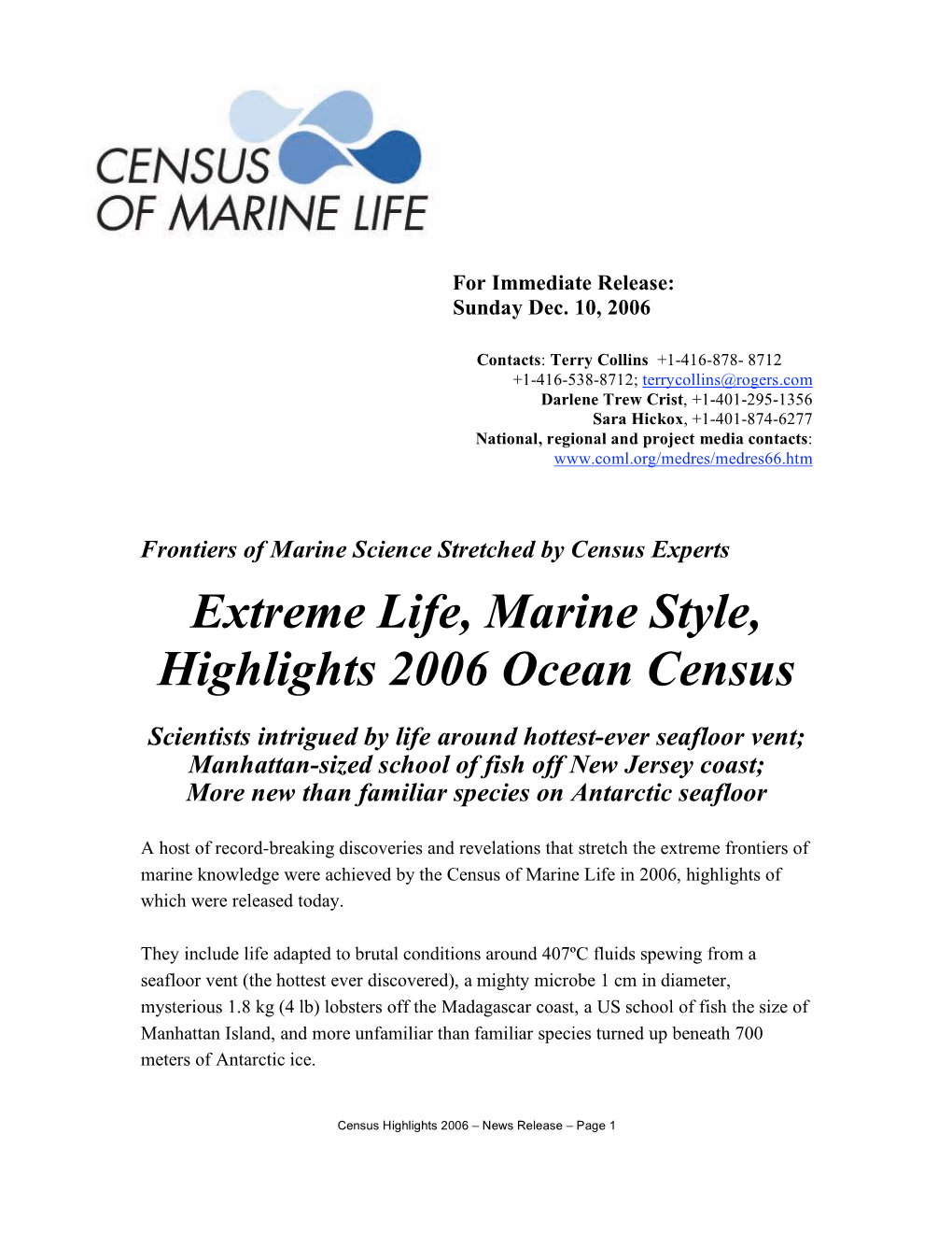 Extreme Life, Marine Style, Highlights 2006 Ocean Census