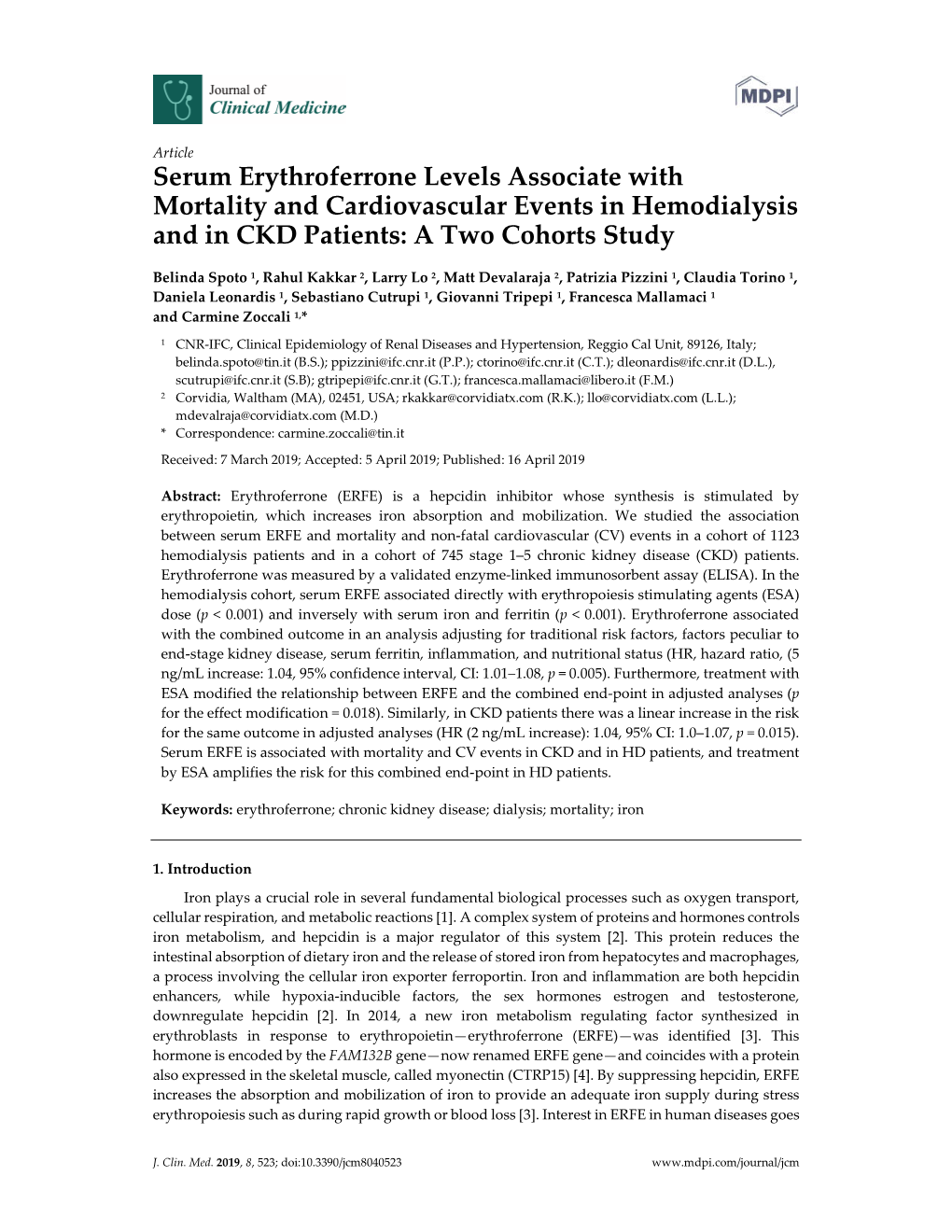 Serum Erythroferrone Levels Associate with Mortality and Cardiovascular Events in Hemodialysis and in CKD Patients: a Two Cohorts Study