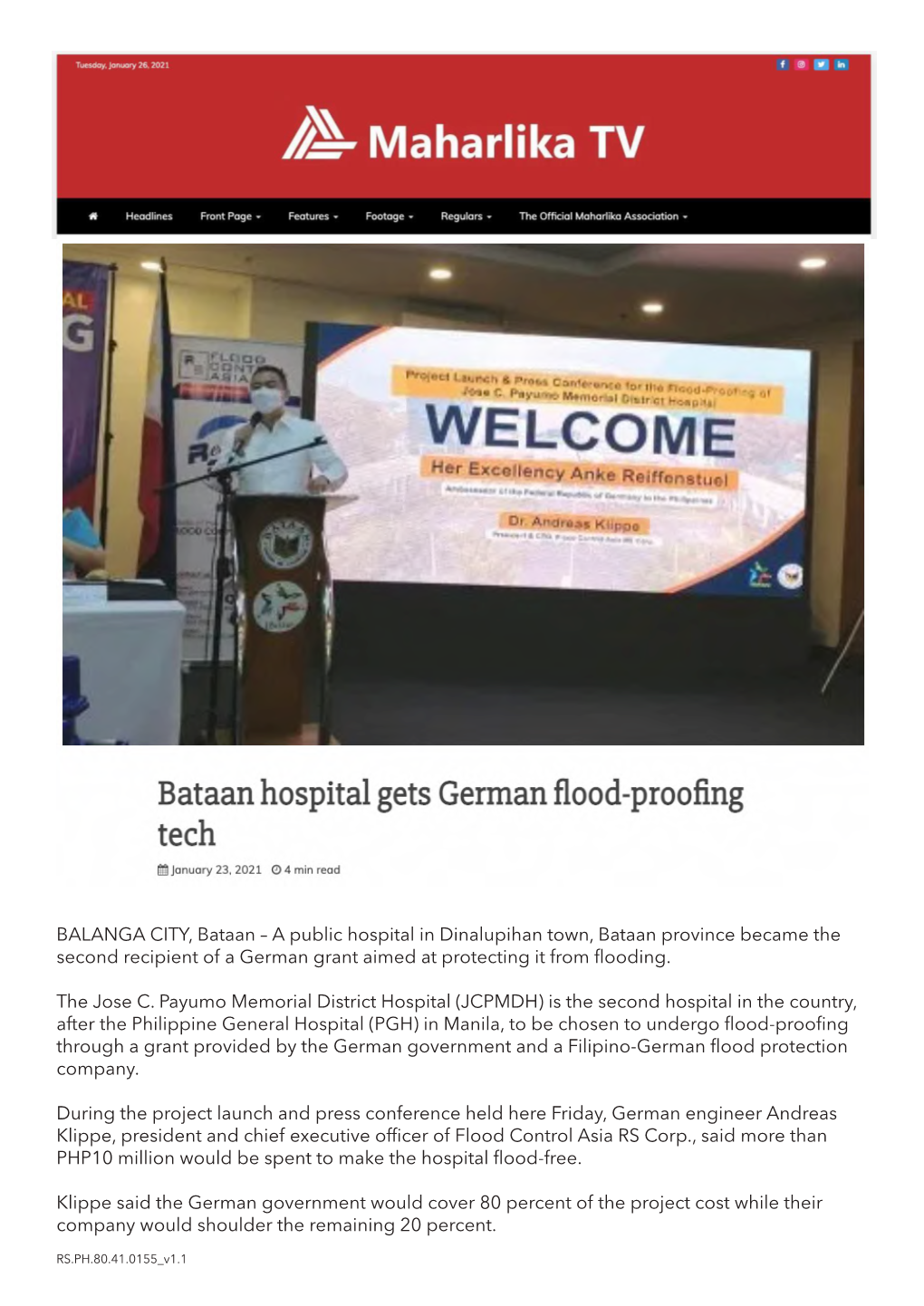 BALANGA CITY, Bataan – a Public Hospital in Dinalupihan Town, Bataan Province Became the Second Recipient of a German Grant Aimed at Protecting It from Flooding