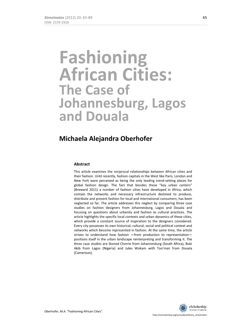 Fashioning African Cities: the Case of Johannesburg, Lagos and Douala