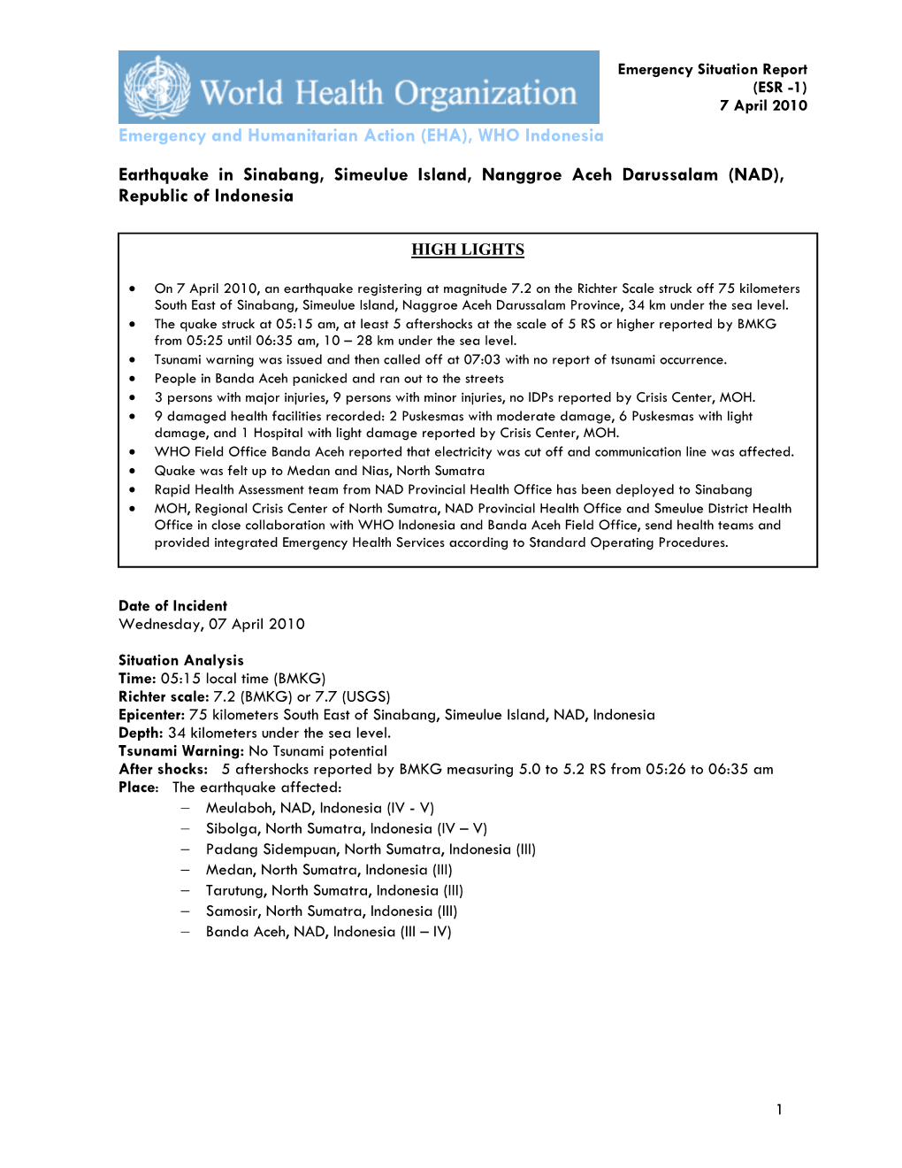 WHO Indonesia Earthquake in Sinabang, Simeulue Island, Nanggroe Aceh Darussalam