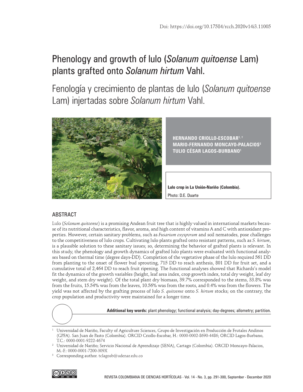 Phenology and Growth of Lulo (Solanum Quitoense Lam) Plants Grafted Onto Solanum Hirtum Vahl