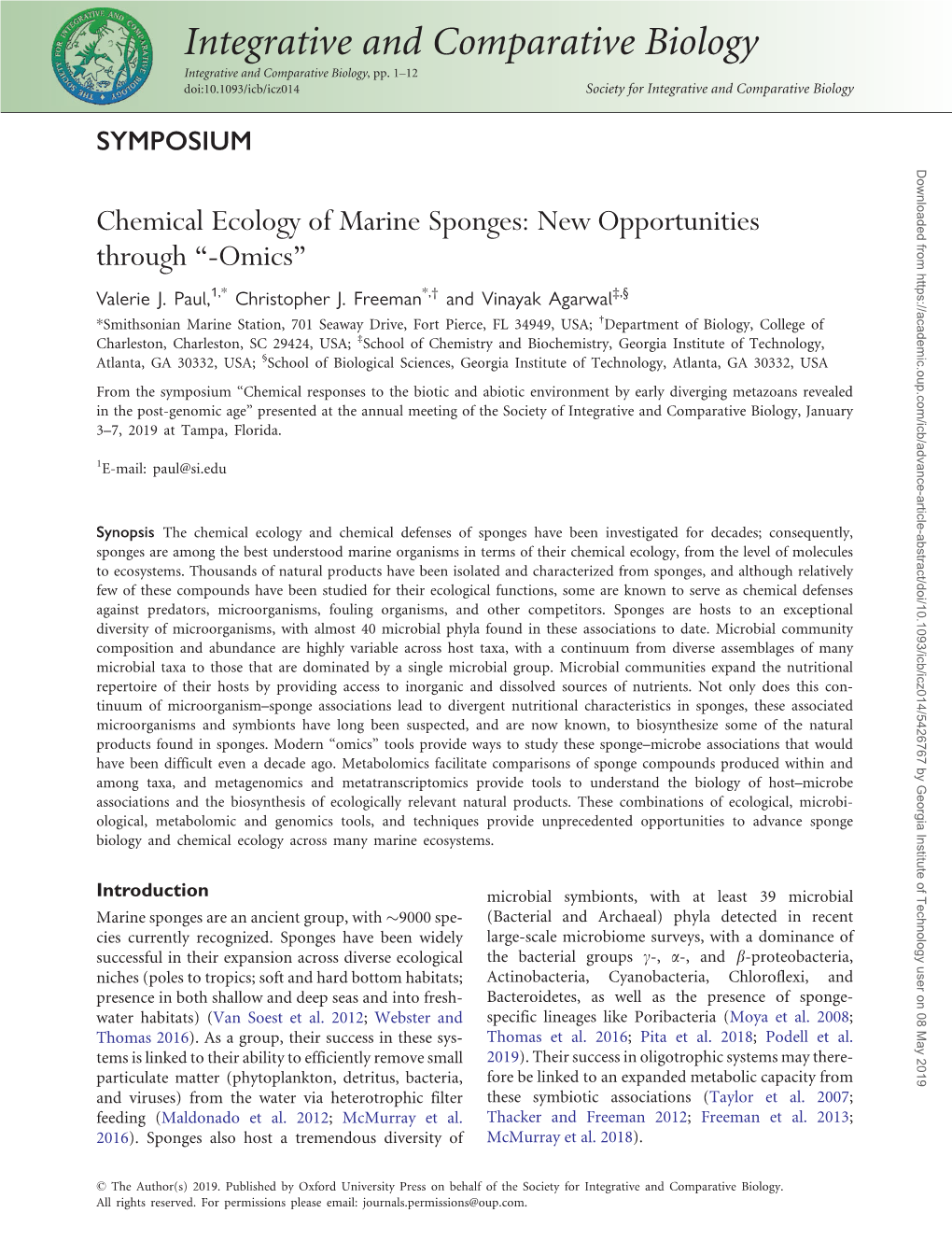 Chemical Ecology of Marine Sponges: New Opportunities Through “-Omics” Valerie J