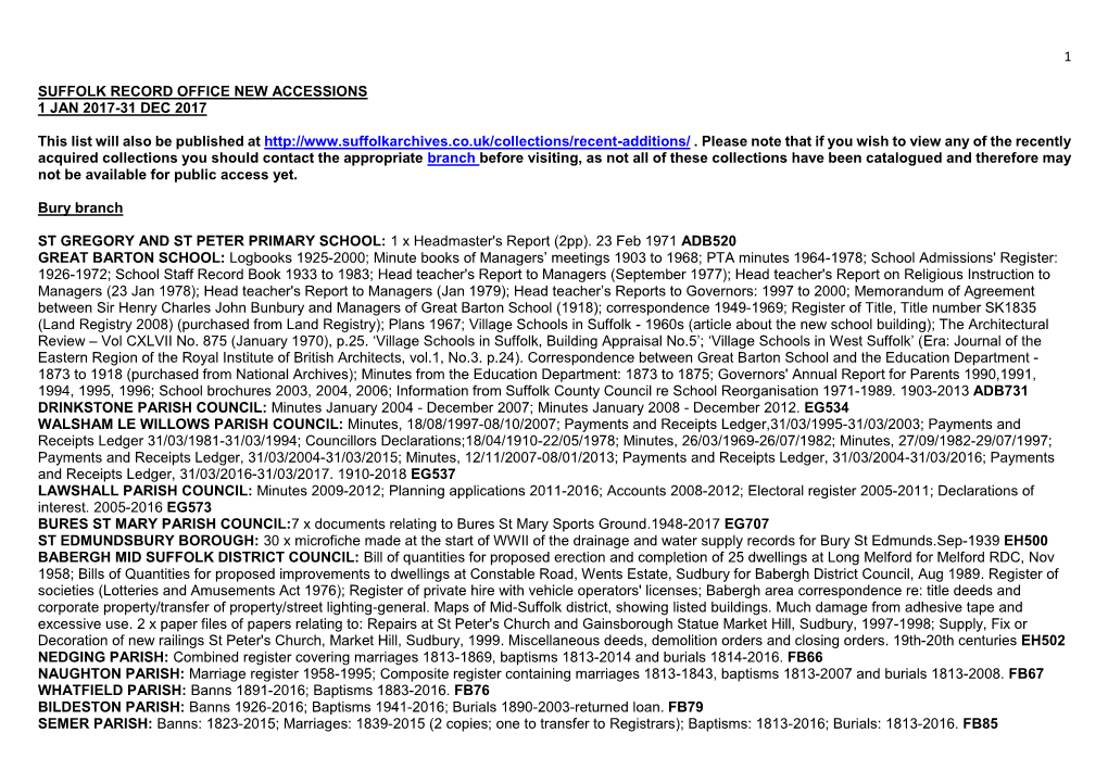 1 Suffolk Record Office New Accessions 1 Jan 2017-31 Dec