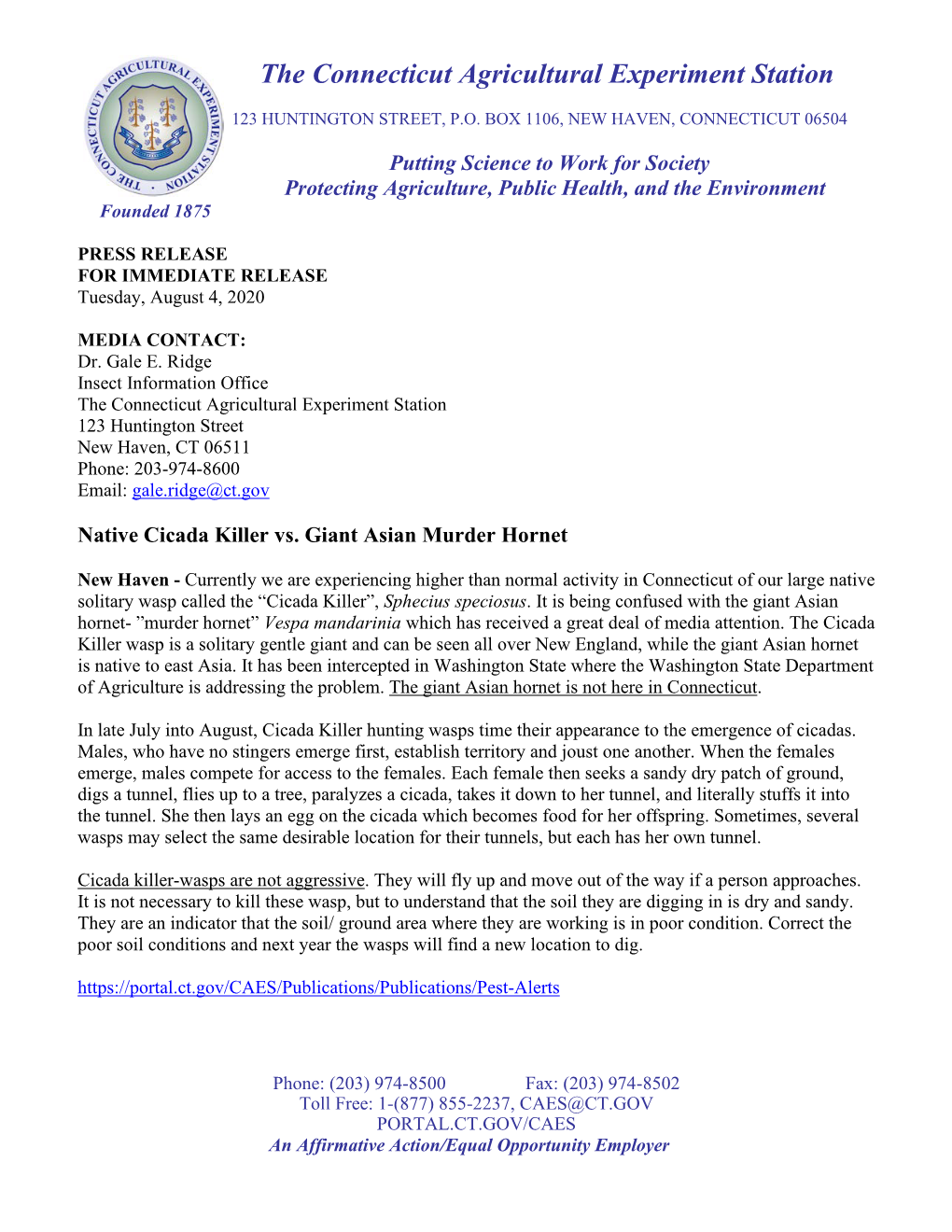 CAES Press Release Native Cicada Killer Vs. Giant Asian Murder Hornet 8-4-2020