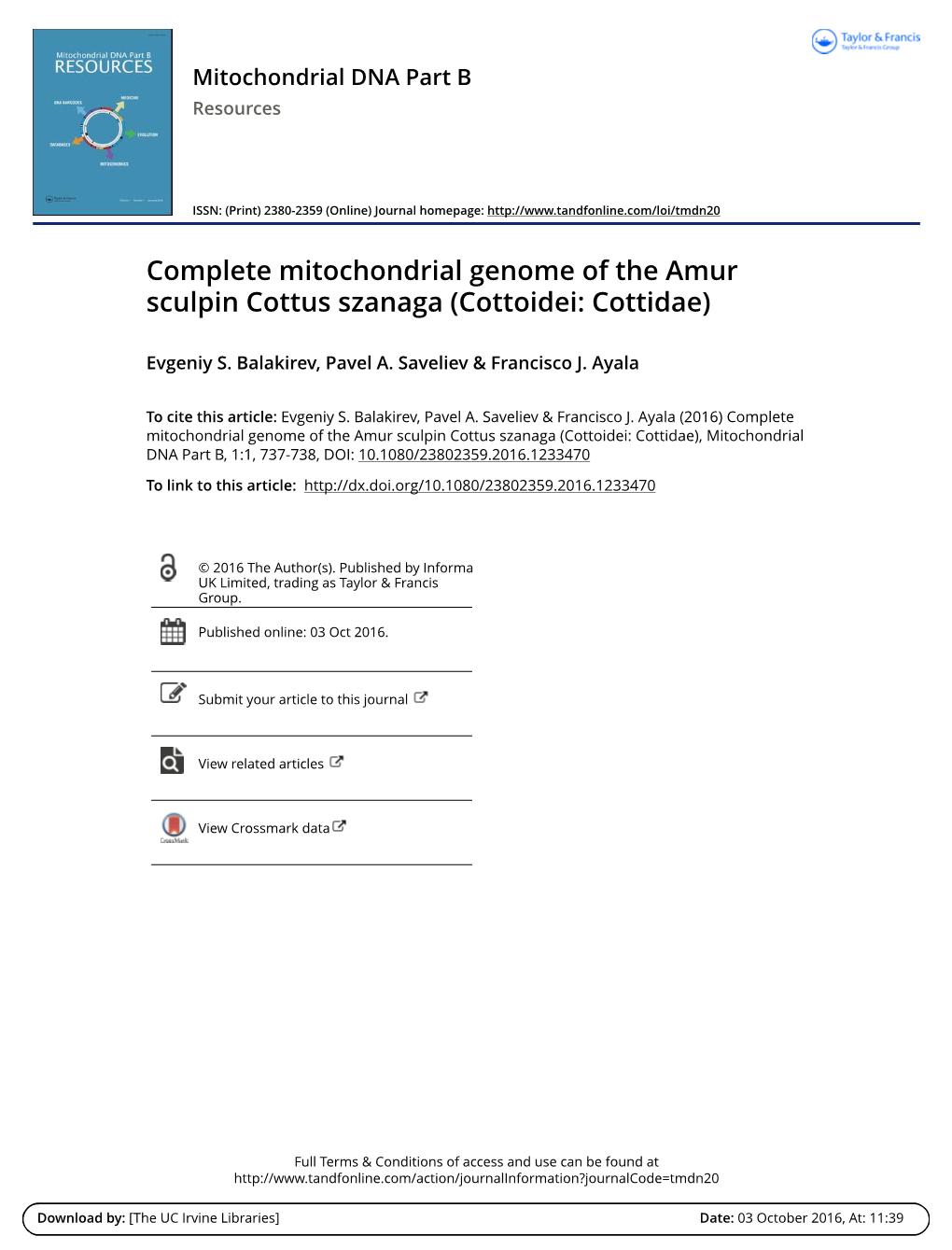 Complete Mitochondrial Genome of the Amur Sculpin Cottus Szanaga (Cottoidei: Cottidae)