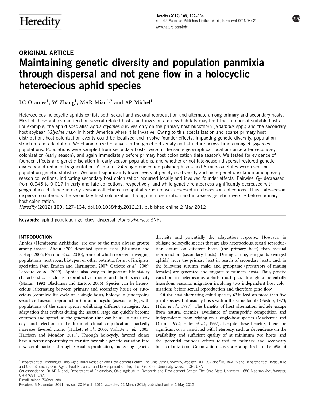 Maintaining Genetic Diversity and Population Panmixia Through Dispersal and Not Gene ﬂow in a Holocyclic Heteroecious Aphid Species