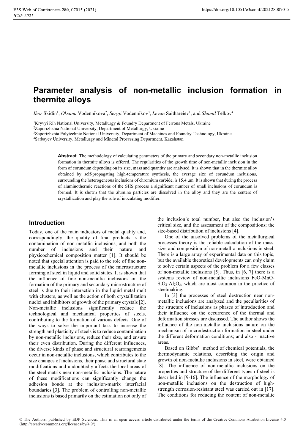 Parameter Analysis of Non-Metallic Inclusion Formation in Thermite Alloys