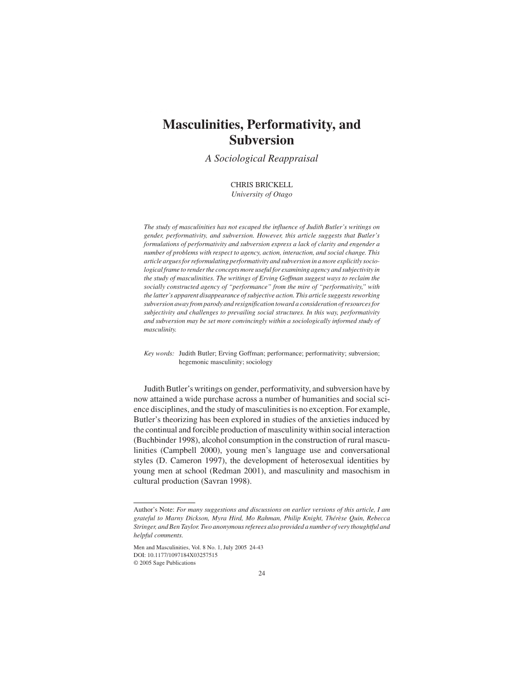 Masculinities, Performativity, and Subversion a Sociological Reappraisal