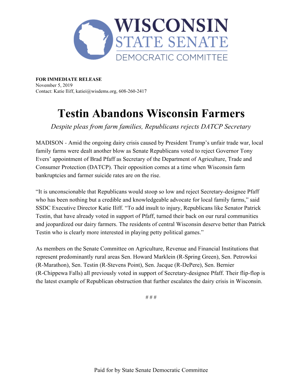 Testin Abandons Wisconsin Farmers Despite Pleas from Farm Families, Republicans Rejects DATCP Secretary