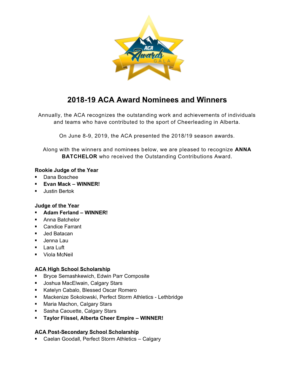 2018-19 ACA Award Nominees and Winners