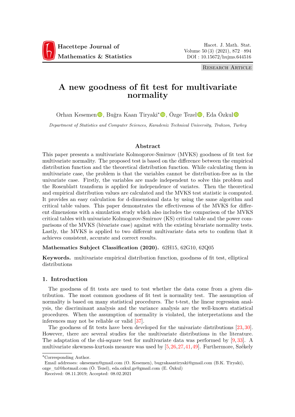 A New Goodness of Fit Test for Multivariate Normality