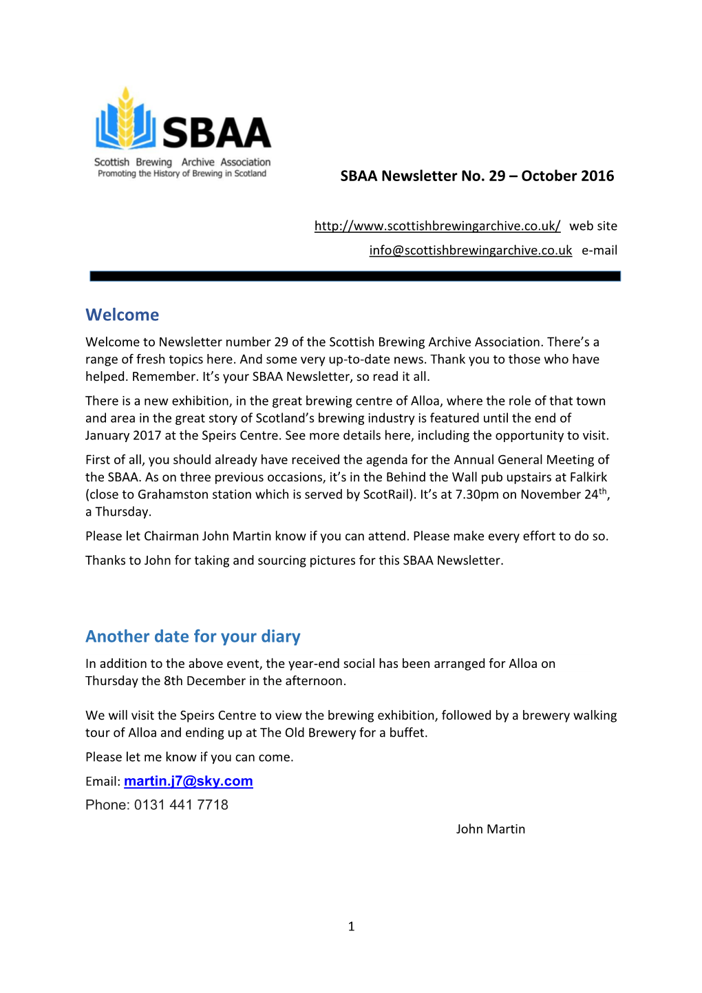 Newsletter No. 29 – October 2016