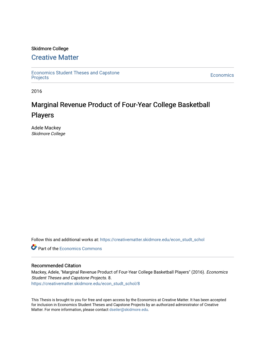 Marginal Revenue Product of Four-Year College Basketball Players