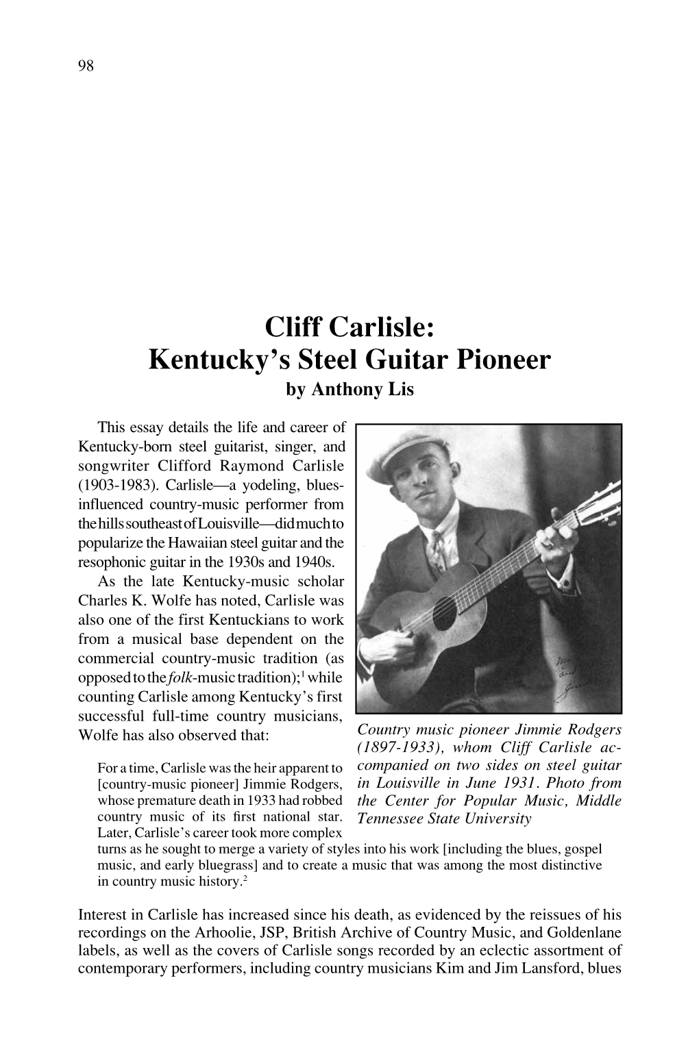 Cliff Carlisle: Kentucky's Steel Guitar Pioneer