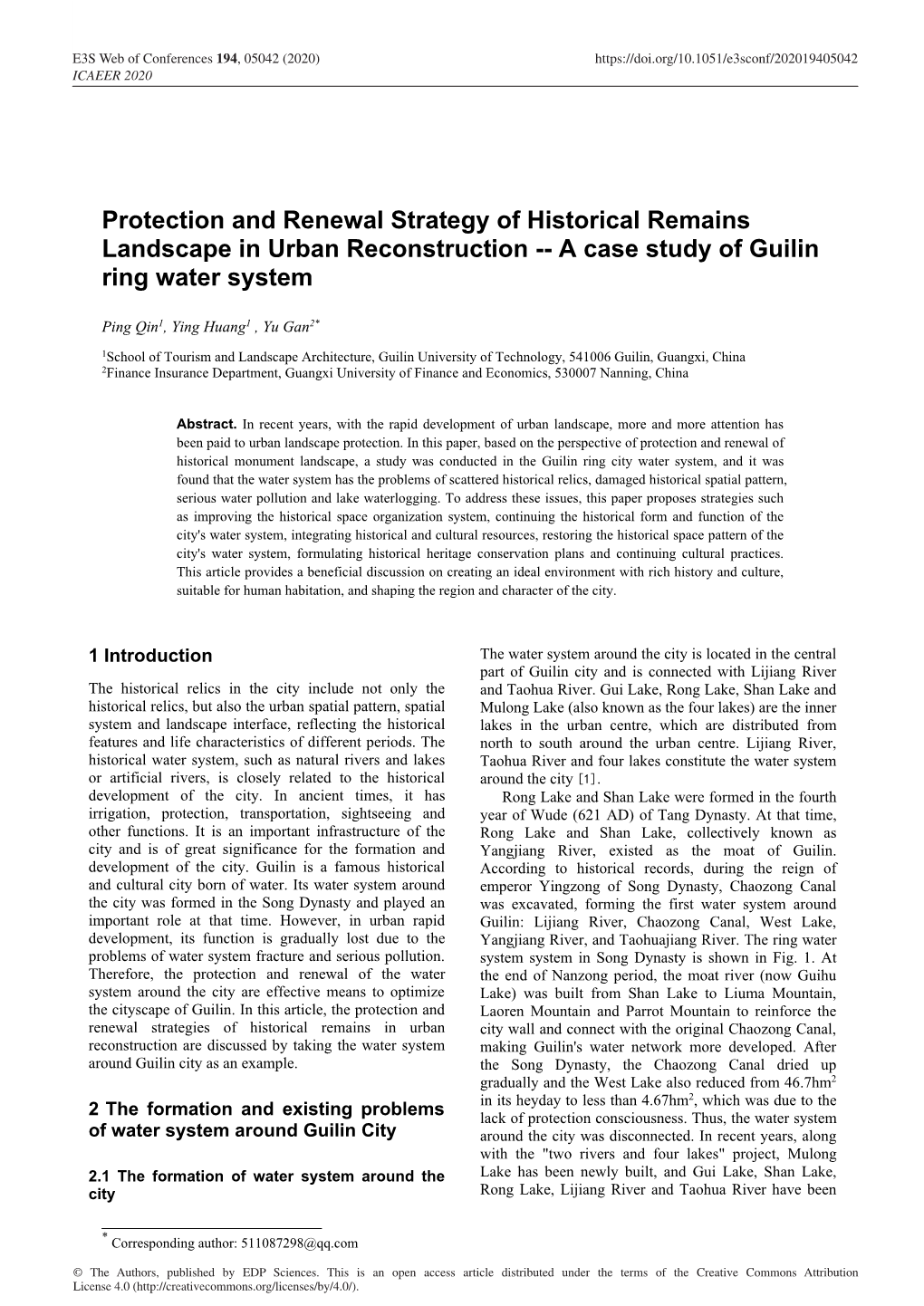 Protection and Renewal Strategy of Historical Remains Landscape in Urban Reconstruction -- a Case Study of Guilin Ring Water System