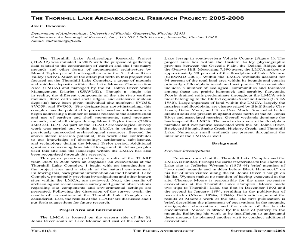 The Thornhill Lake Archaeological Research Project: 2005-2008