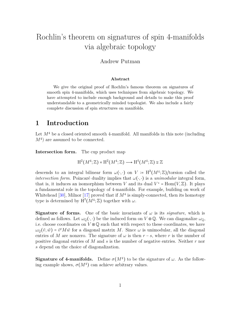 Rochlin's Theorem on Signatures of Spin 4-Manifolds Via Algebraic
