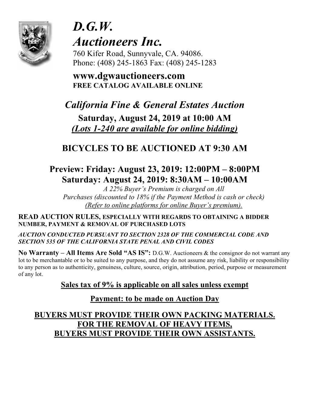 D.G.W. Auctioneers Inc. 760 Kifer Road, Sunnyvale, CA