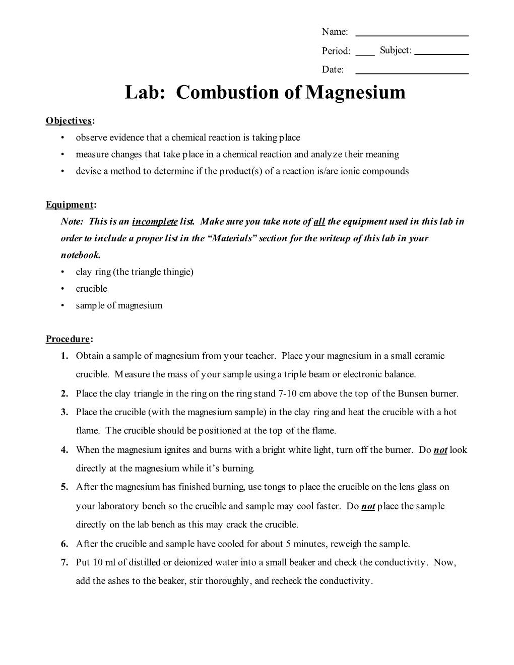 Bonding and Nomenclature\Lab Magnesium Combustion.Wpd