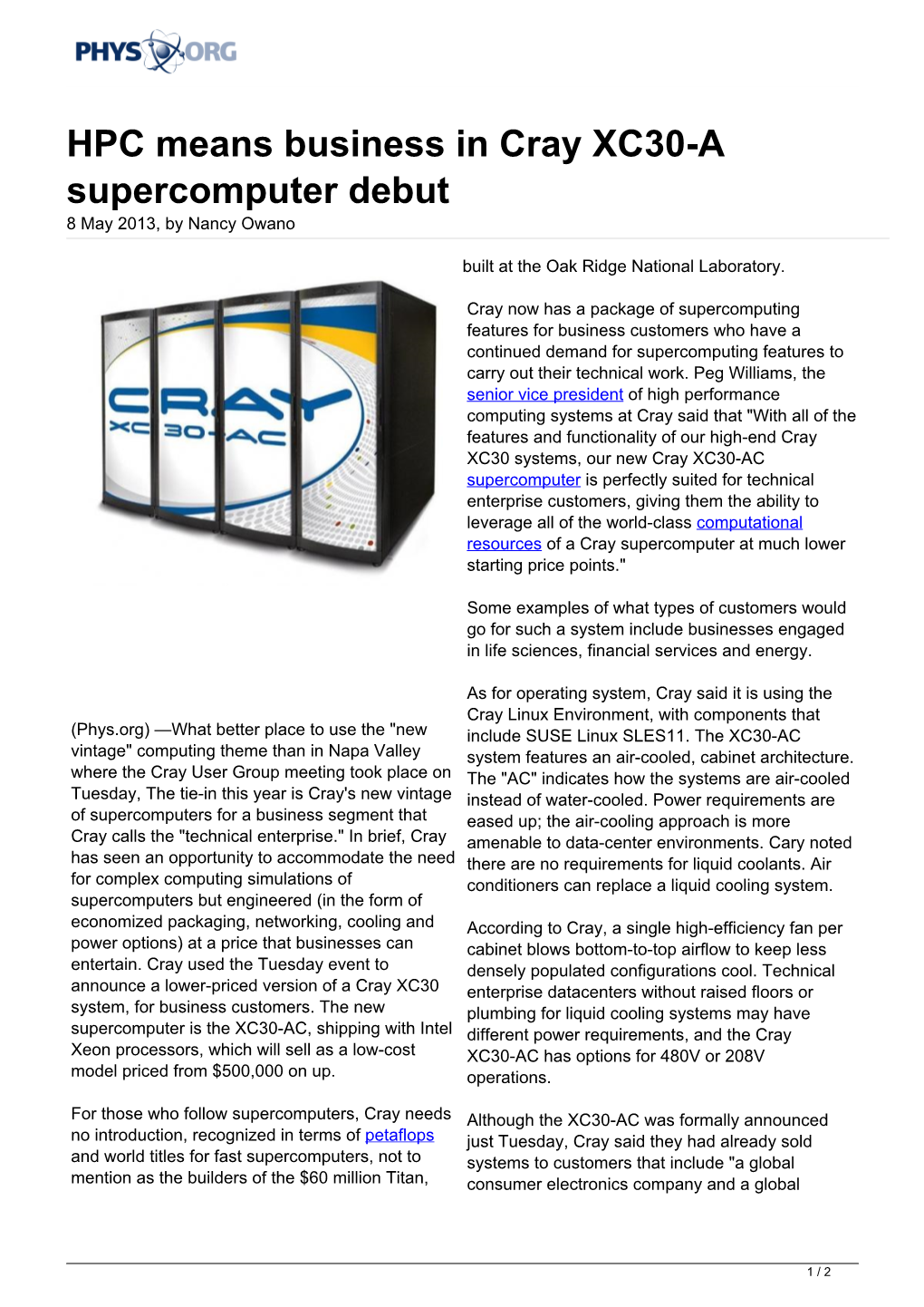 HPC Means Business in Cray XC30-A Supercomputer Debut 8 May 2013, by Nancy Owano