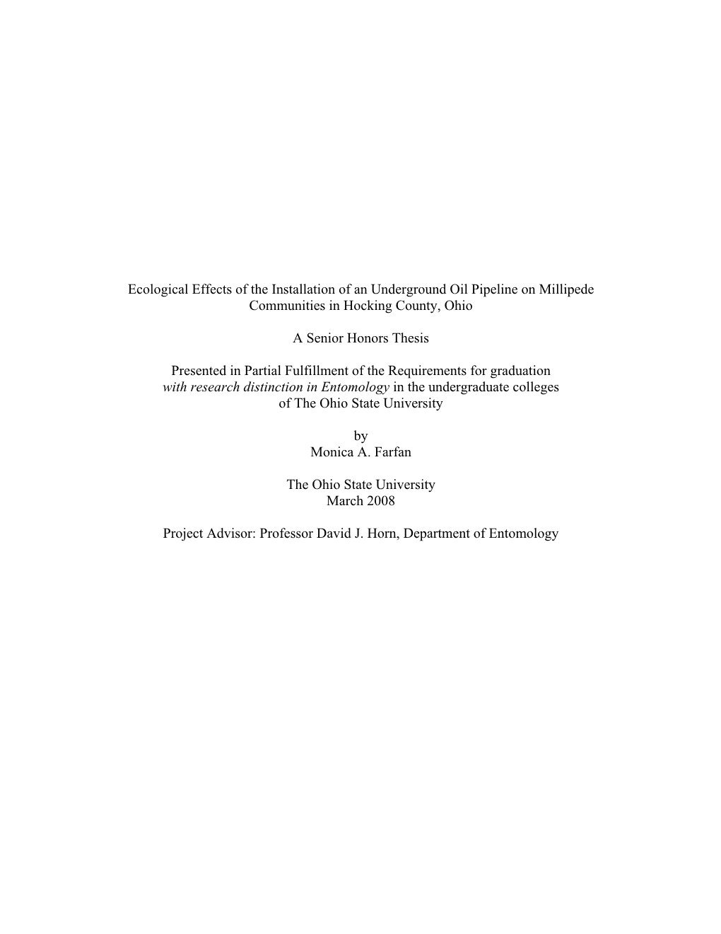 Ecological Effects of the Installation of an Underground Oil Pipeline on Millipede Communities in Hocking County, Ohio