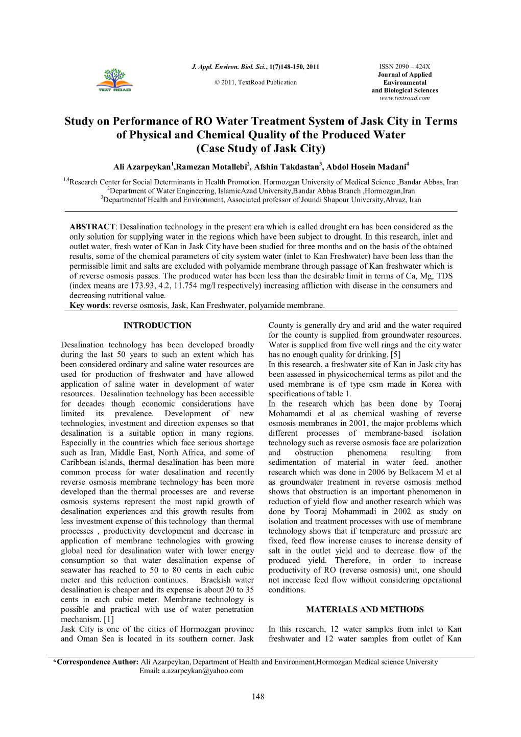 Study on Performance of RO Water Treatment System of Jask City in Terms of Physical and Chemical Quality of the Produced Water (Case Study of Jask City)