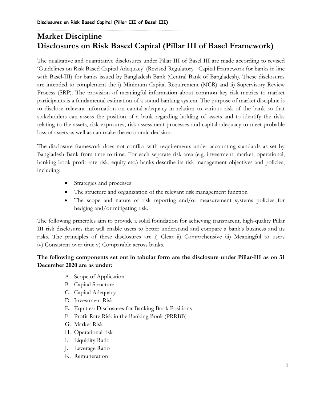 Market Discipline Disclosures on Risk Based Capital (Pillar III of Basel Framework)