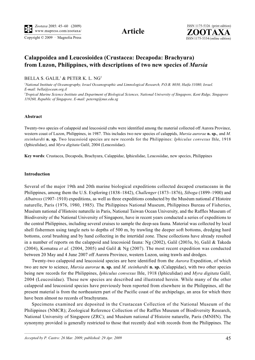 Zootaxa, Calappoidea and Leucosioidea (Crustacea: Decapoda: Brachyura)