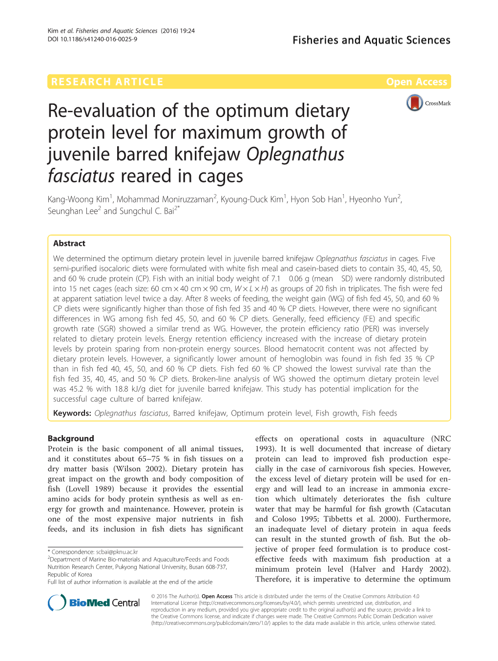 Re-Evaluation of the Optimum Dietary Protein Level for Maximum Growth of Juvenile Barred Knifejaw Oplegnathus Fasciatus Reared I