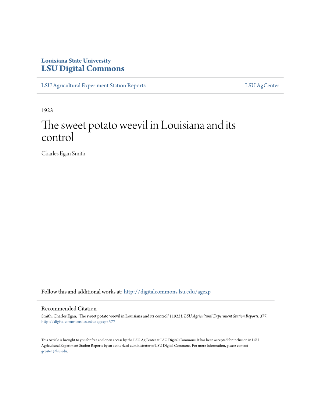 The Sweet Potato Weevil in Louisiana and Its Control Charles Egan Smith