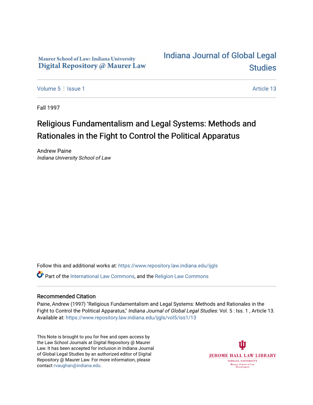 Religious Fundamentalism and Legal Systems: Methods and Rationales in the Fight to Control the Political Apparatus