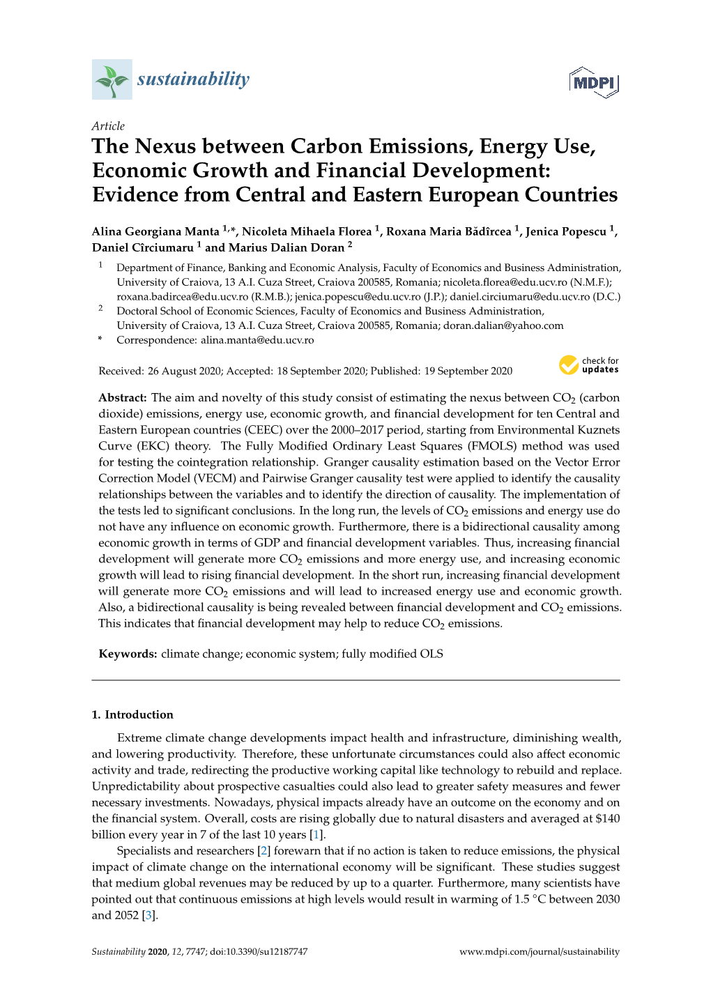 The Nexus Between Carbon Emissions, Energy Use, Economic Growth and Financial Development: Evidence from Central and Eastern European Countries