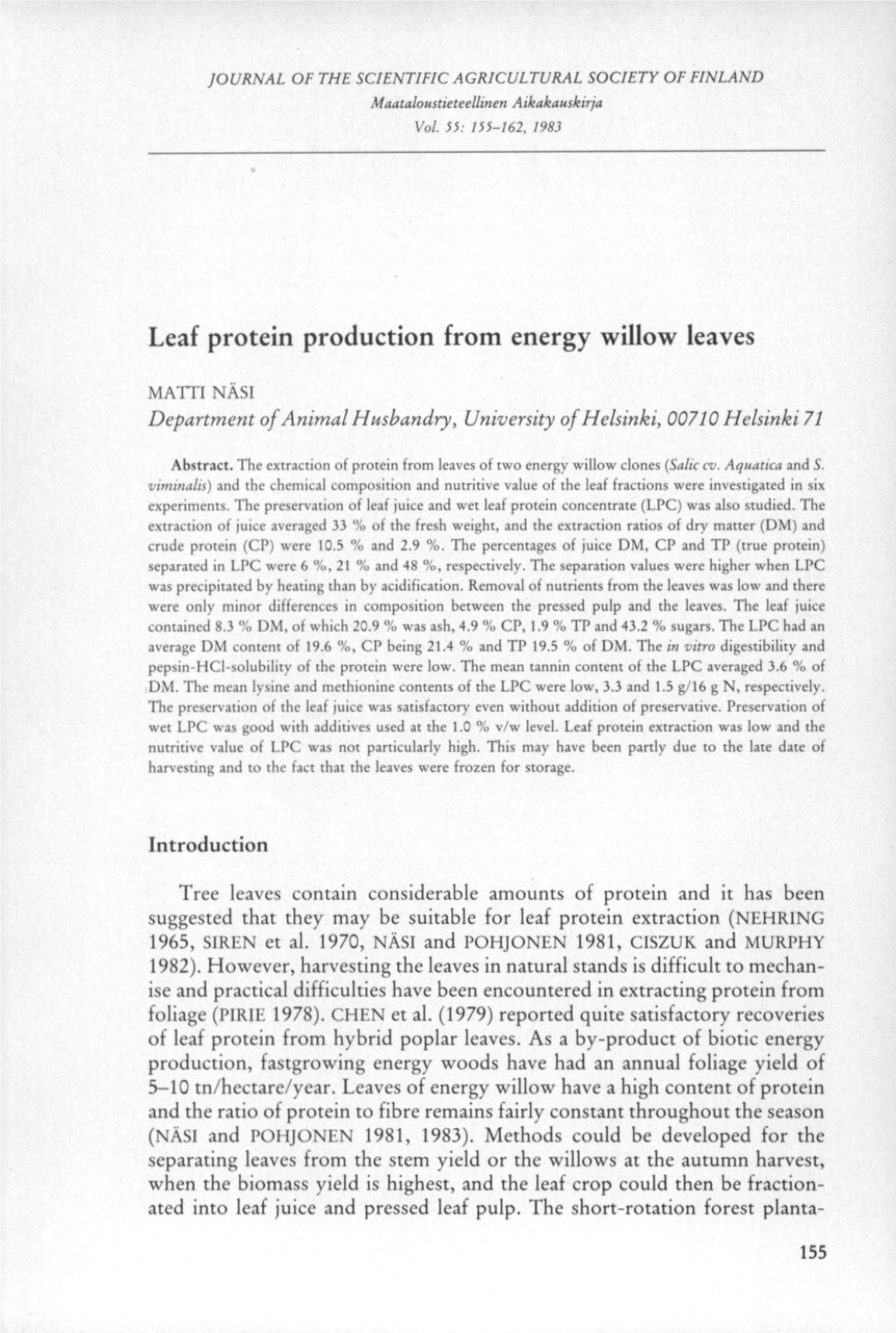 Leaf Protein Production from Energy Willow Leaves