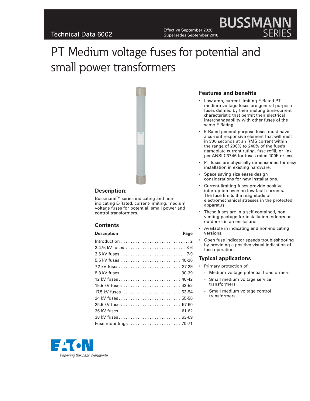 Bussmann Series PT Medium Voltage Fuses for Potential And