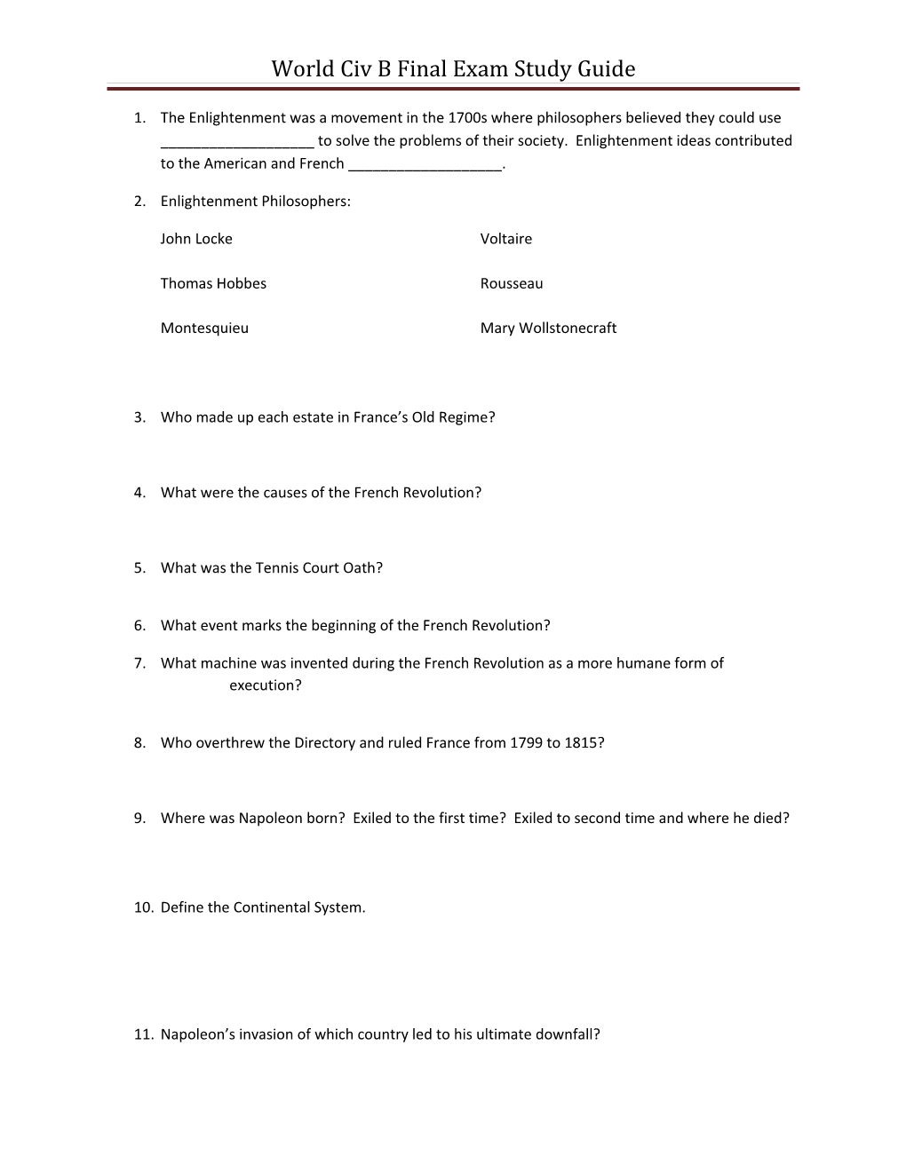 World Civ B Final Exam Study Guide