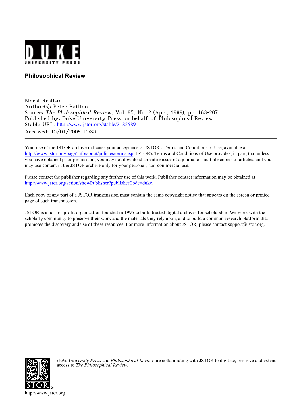 Moral Realism Author(S): Peter Railton Source: the Philosophical Review, Vol