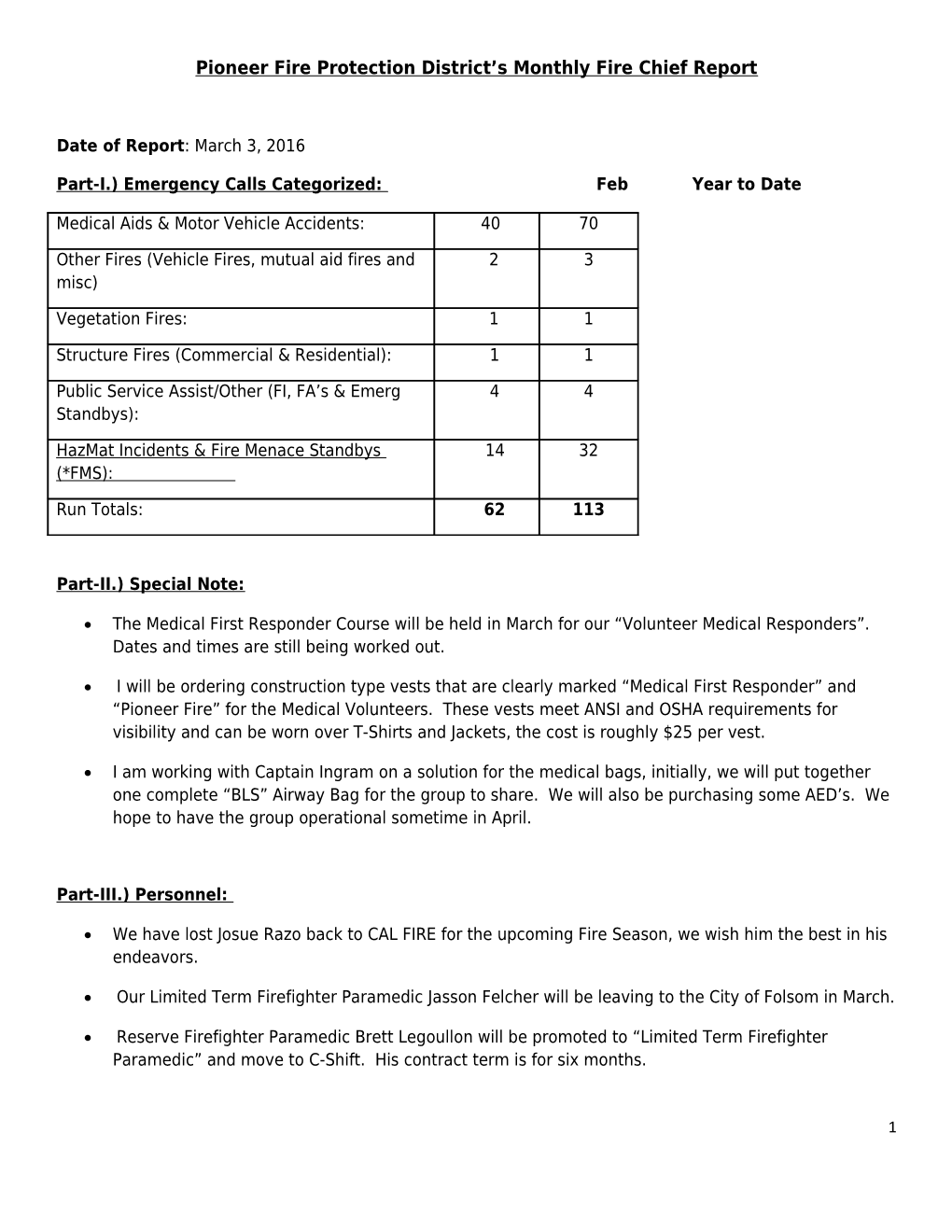 Pioneer Fire Protection District S Monthly Fire Chief Report