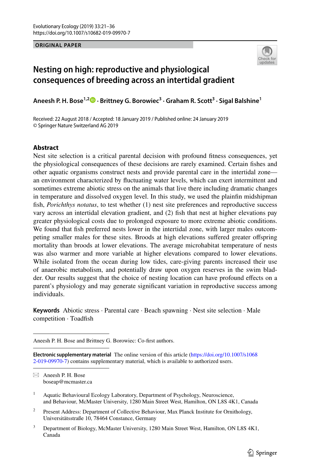 Nesting on High: Reproductive and Physiological Consequences of Breeding Across an Intertidal Gradient