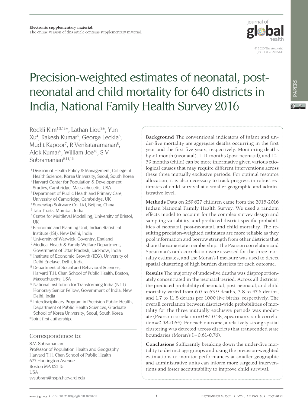 Neonatal and Child Mortality for 640 Districts in India, National Family