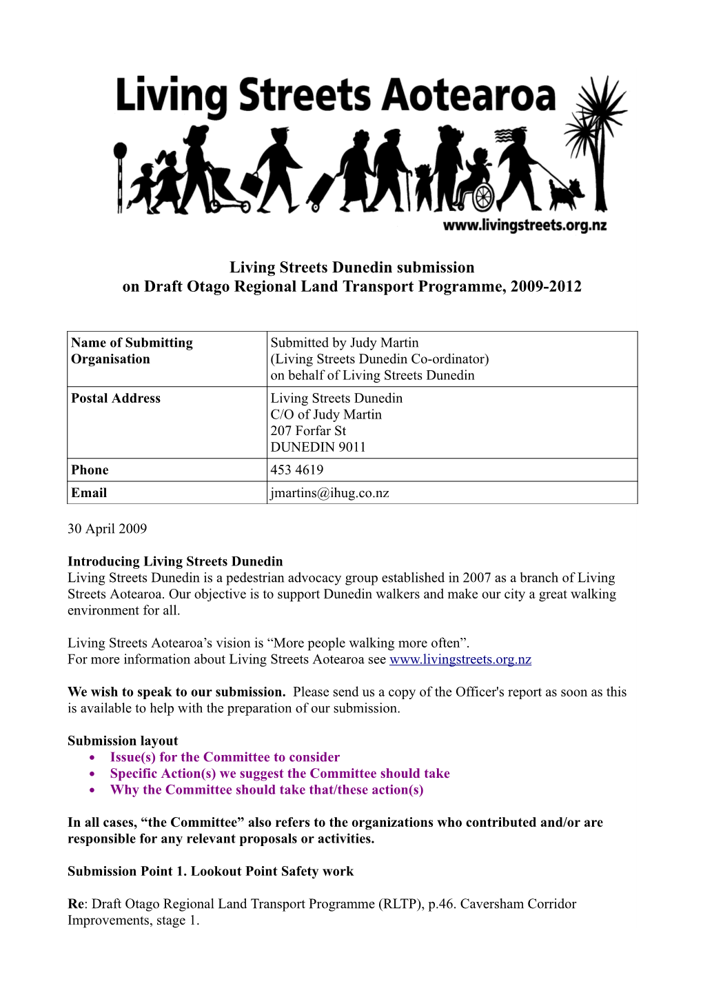 Living Streets Dunedin Submission on Draft Otago Regional Land Transport Programme, 2009-2012