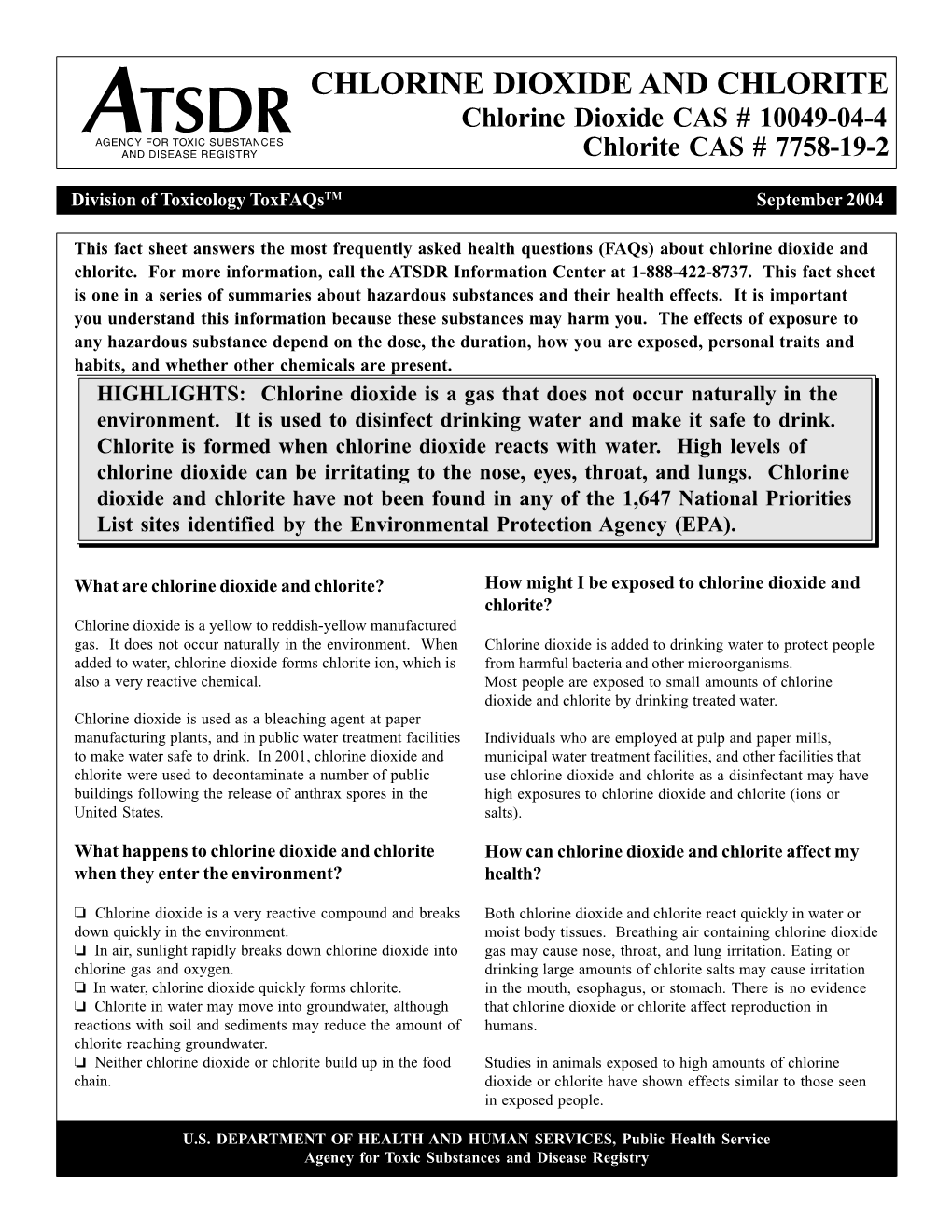 Chlorine Dioxide and Chlorite Toxfaqs