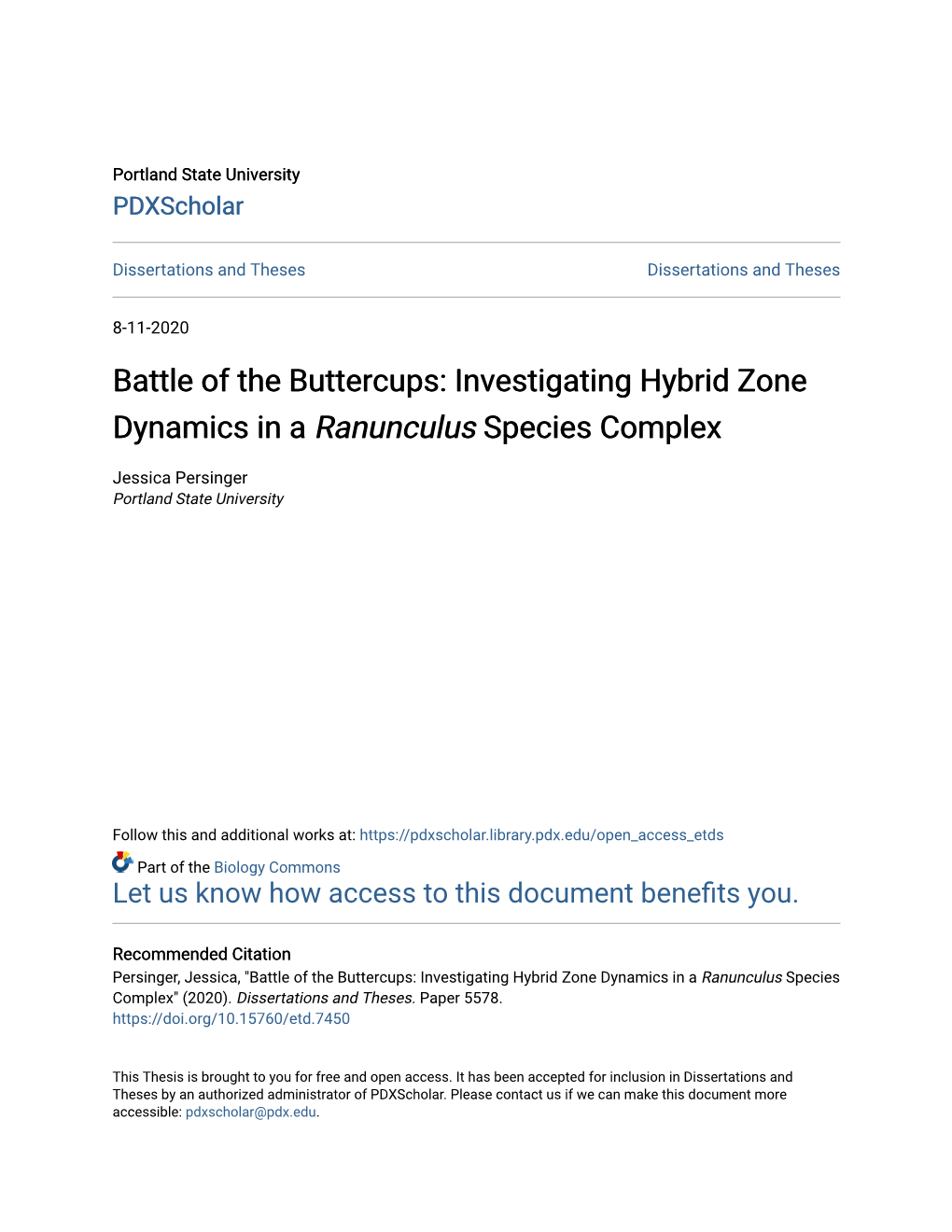 Battle of the Buttercups: Investigating Hybrid Zone Dynamics in a Ranunculus Species Complex