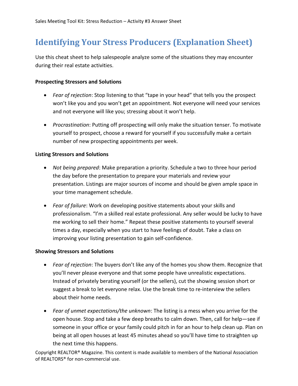 Identifying Your Stress Producers (Explanation Sheet)