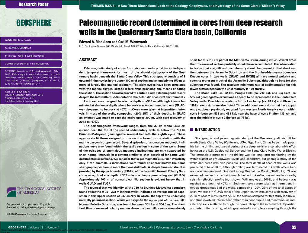 Paleomagnetic Record Determined in Cores from Deep Research Wells in the Quaternary Santa Clara Basin, California GEOSPHERE; V