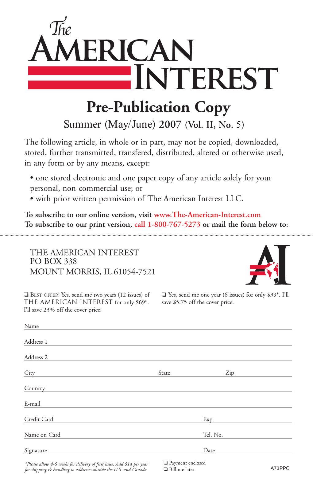 American Interest Pre-Publication Copy Summer (May/June) 2007 (Vol