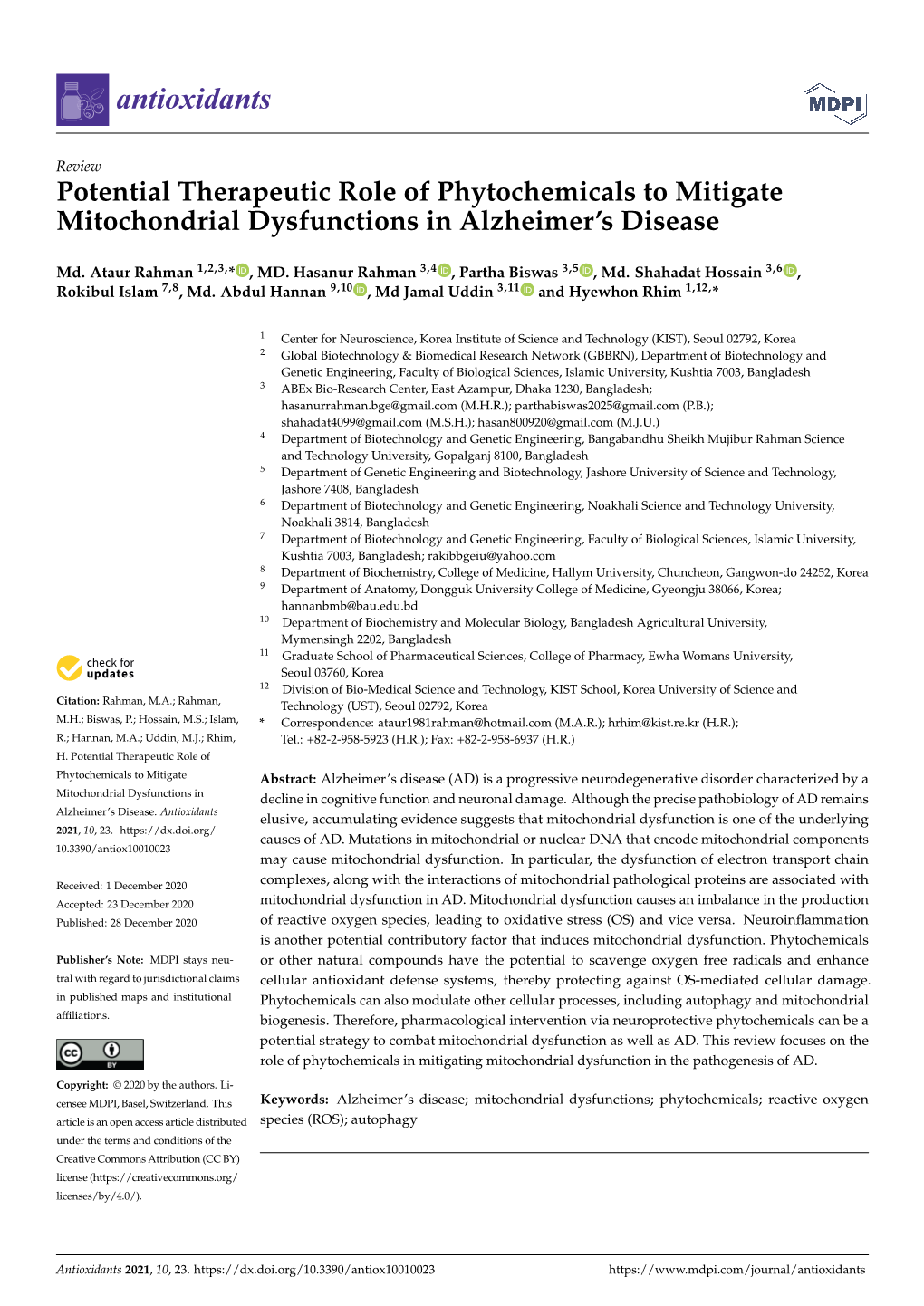 Potential Therapeutic Role of Phytochemicals to Mitigate Mitochondrial Dysfunctions in Alzheimer’S Disease