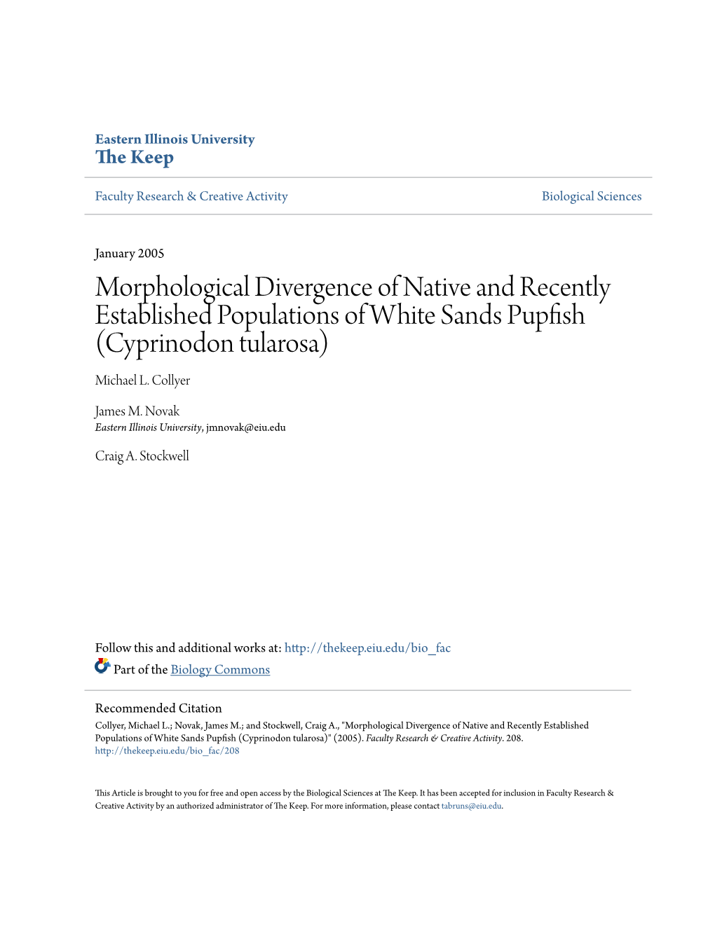 Morphological Divergence of Native and Recently Established Populations of White Sands Pupfish (Cyprinodon Tularosa) Michael L